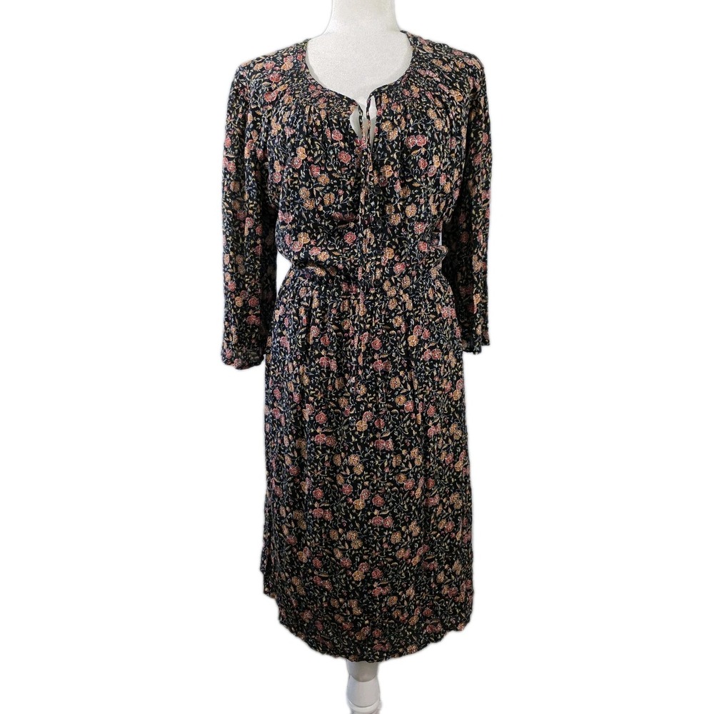 Old Navy Dress Womens XL Black Orange Red Yellow Floral Print V-Neck Tie Autumn